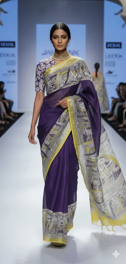 Soft Slub Cotton Madhubani Hand-Printed Saree with Striped Design & Jari Pallu